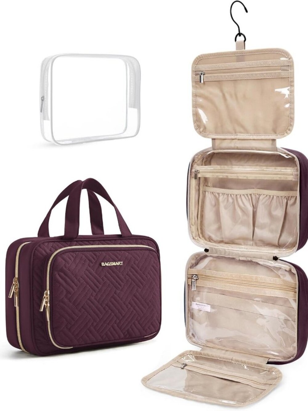 Hanging Travel Toiletry Bag & Makeup Organizer with TSA-Approved Clear Pouch